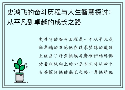 史鸿飞的奋斗历程与人生智慧探讨：从平凡到卓越的成长之路